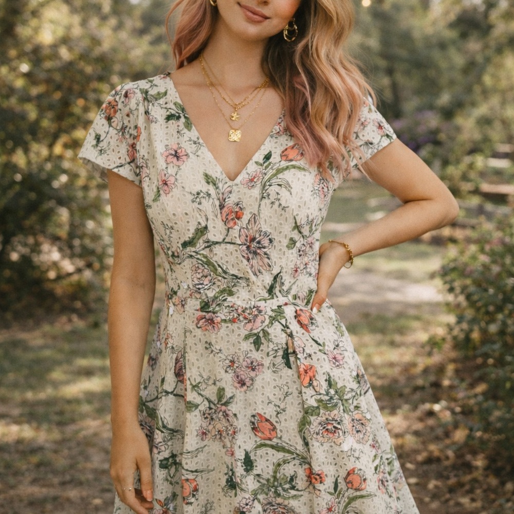 Ann Taylor Cream Floral Wrap Midi Dress with Pink & Green Accents